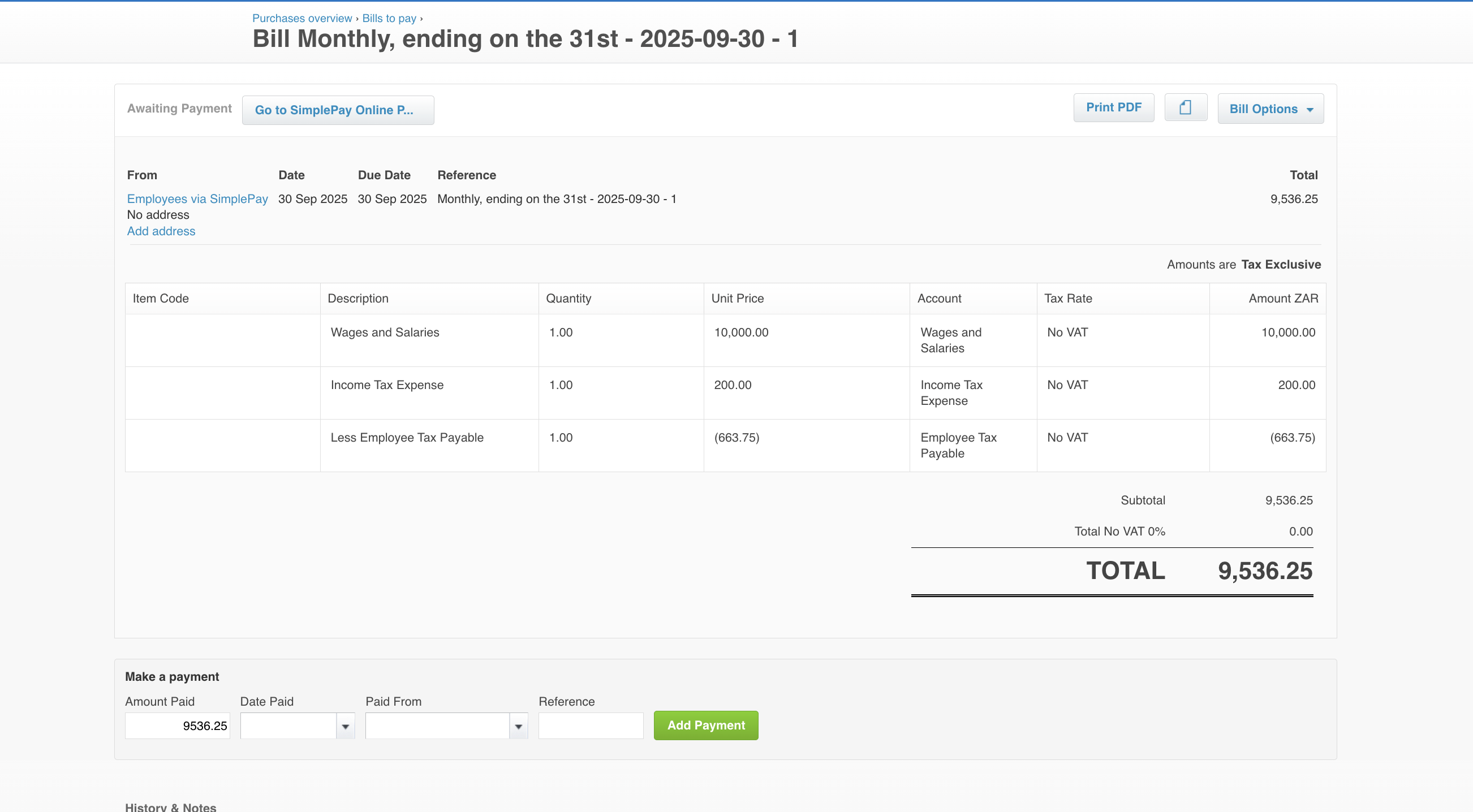 Xero supplier bill showing SimplePay monthly payroll cost breakdown
